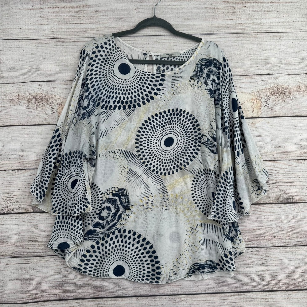 Piazza Italia Blouse Women XL White Blue Geometric Bell Sleeve Boho